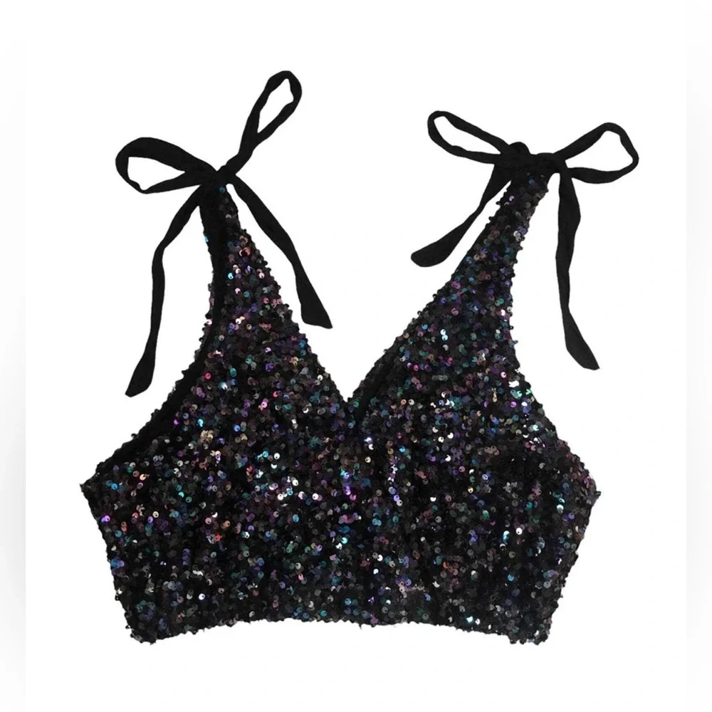 Free People Big Night petrol black iridescent sequin embellished crop top XS - Picture 4 of 5